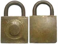 “E. GORNICEC” – Square. 1 13/16″ high x 1 3/4″ wide. All brass. “PAT. FEB. 29, 1