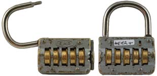“E.M.R”. 2 3/4″ high x 2″ wide. Brass body. Steel shackle. Brass wheels. Combina