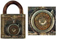 “J. B. M. K. L. CO. KENT. O.”. Steel body. Steel shackle. Steel dial. Face of lo