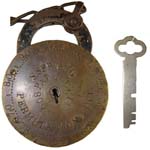 “S. SPRUNG PERMUTATION LOCK PAT JULY 1908”. 4 1/2″ high. Brass body. Steel shack