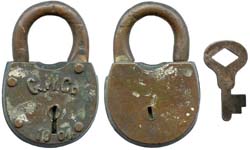 “G. W. Co 1904. 2 15/16″ high x 2″ wide x 9/16” deep. Brass body. Brass shackle.