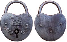 “W. II. IR. 1888 1917”. 3″ high x 2″ wide. Steel body. Steel shackle. Commemorat