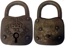 “W. II. IR. 1888 1914”. 3″ high x 2 1/16″ wide. Iron body. Iron shackle. Commemo