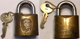 “N.Y.W.F. 1939” – “CORBIN….”. 2 3/4″ high x 1 3/4″ wide. Brass body. Steel sha