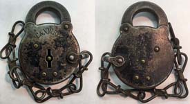 “C.&N.W.RY.”. 3 1/2″ high x 2 1/4″ wide x 9/16″ deep. Stamped Steel body. Steel