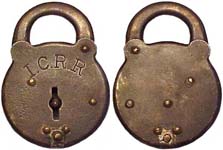 “I.C.R.R.” – Round Shackle. 3 1/2″ high x 2 1/2″ wide. Stamped Steel body. Round