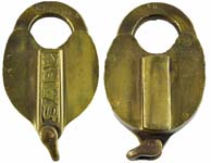 “W.F.&Co.EX” – “SAFE”. 3 5/8″ high x 2 3/8″ wide. Brass body. Brass Shackle. “45