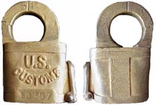 “U.S. CUSTOMS”. 3 1/8″ high x 1 3/4″ wide x 1 1/4″ deep. Brass body. Brass shack