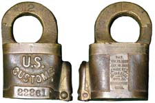 “U.S. CUSTOMS”. 3 1/8″ high x 1 3/4″ wide x 1 1/4″ deep. Brass body. Brass shack