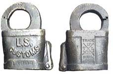 “U.S. CUSTOMS” – “M.D.T.Co”. 3″ high x 1 3/4″ wide x 1 1/4″ deep. Brass body. Br