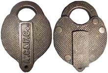 “A.C&F.Co.”. 4 1/2″ high x 2 1/2″ wide. Brass body. Brass shackle.