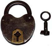 “D.R.G.M.”. 3″ high x 2 1/4″ wide. Iron body. Iron shackle.