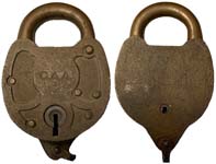 “C. A. A.”- “INSP. SL Co.” . 3 5/8″ high x 2 1/4″ wide. Brass body. Brass shackl