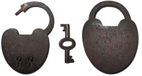 “D. R. G. M.”. 2 3/4″ high. Steel body. Steel Shackle.