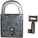“D.R.G.M.”. 3 1/8″ high x 2″ wide. Steel body. Steel shackle.