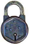 “O. M. EDWARDS CO.”. 3 1/2″ high x 2 1/8″ wide. Steel body. Steel Shackle. The r