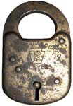 “E. T. FRAIM LOCK CO. 4 LEVERS” – Stamped Steel Case – Flat Steel Shackle – Post