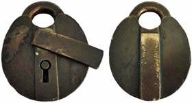 “W. HALL & CO BOSTON”. 3 7/8″ high x 3″ wide. Brass body. Brass shackle.