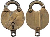 “H.C. JONES PATENT NEWARK N.J.”. 2 1/2″ wide. Brass body. Brass shackle.