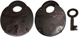 “M???”. 4 1/8″ high x 3 3/8″ wide x 7/8″ deep. Steel body. Steel shackle.