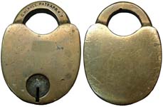 “G. MERKEL PATD APR.4.1871”. 2 1/2″ high x 1 7/8″ wide. Brass body. Brass shackl