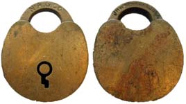 “N. A. G. CO.”. 1 3/8″ high x 1 1/8″ wide. Brass body. Brass shackle.