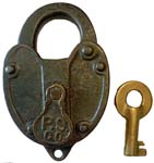 “P.S. CO.”. 4″ high x 2 7/16″ wide. Steel body. Steel shackle. Brass dust guard.