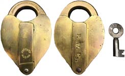 “P. W. Co.” – “LIEBRICH HILLEBRAND & WOLF PHILA.”. Brass body. Brass shackle.