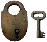 “C. RAVE”. 5″ high x 3 1/8″ wide x 1″ deep. Brass body. Brass shackle.