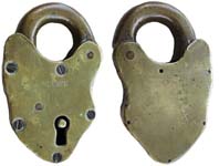 “C. RAVE”. 5 3/8″ high x 3 1/4″ wide. Brass body. Brass shackle. 5 Levers.