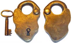 “C. RAVE”. 5 1/4″ high x 3 1/4″ wide x 1 1/8″ deep. Brass body. Brass shackle. 5