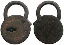 “K. SCHONERT. LANCASTER. PA.”. 3″ high x 2″ wide x 1/2″ deep. Steel body. Steel