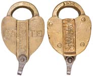 “U.P.&L.CO. GATE” – “CLOSE THE LOCK TO GET KEY OUT”. Brass body. Brass shackle.