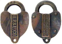 “U.P.&L.CO.” – “CLOSE THE LOCK TO GET KEY OUT”. Brass body. Brass shackle.