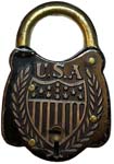 “U. S. A.” – Shield – Style 1. Stamped Steel body. Steel shackle.