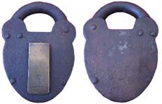 “A. THOMPSON VR”. 5 1/4″ high. Iron body. Iron shackle.