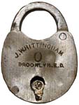 “J. WHITTINGHAM BROOKLYN E. D.” – “0”. 1 1/2″ high. Brass body. Brass shackle. T