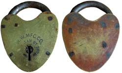 “W. W. MFG. CO. PATD JAN 27 1874”. 1 1/4″ high x 1″ wide. Brass body. Steel shac