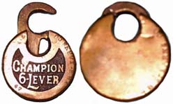 “CHAMPION 6-LEVER” – Left Pin – Wide Letters – Low Rounded Shackle – “FB STEARNS CO”