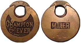 “CHAMPION 6-LEVER” – Left Pin – Narrow Letters – “MILLER” – Low Rounded Shackle