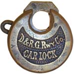 “D.&R.G.Rwy.Co. CAR LOCK” – No Pins. Some locks have the patent dates stamped on