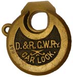 “D.&R.G.W.Ry. CAR LOCK.” – No Pins. Some locks have “D.K. MILLER LOCK CO PAT. JU