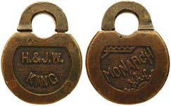 “H. & J. W. KING” – “MONARCH” – No Pins. 2 1/2″ wide x 3/4″ deep.