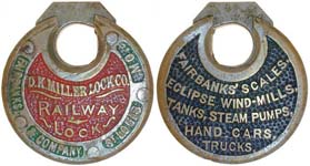 “D. K. MILLER LOCK CO. RAILWAY LOCK FAIRBANKS & COMPANY ST. LOUIS MO.” – “FAIRBA