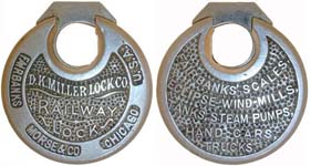 “D. K. MILLER LOCK CO. RAILWAY LOCK FAIRBANKS MORSE & CO. CHICAGO U.S.A.” – “FAI