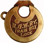 “R.G.W.RY. TRAIN BOX LOCK” – Left Pin. “PATENT PENDING” is stamped on the obvers