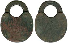 “C.R.R. OF N.J.”. 3″ high x 2 5/8″ wide. Iron body. Iron shackle. 5 lever. “C.R.