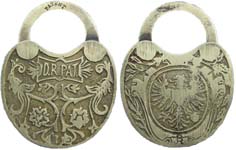 “D.R.PAT.” – Eagle. 3 1/8″ high x 2 3/8″ wide. Steel body. Steel shackle. Pushke