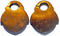 “F. C. GOFFIN’S”. 4″ high x 3 1/4″ wide x 1 1/8″ deep. Brass body. Brass shackle