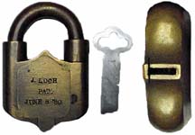 “J. LOCH PAT. JUNE 8 ’80”. 2.992″ high x 1.999″ wide. Brass body. Brass shackle.